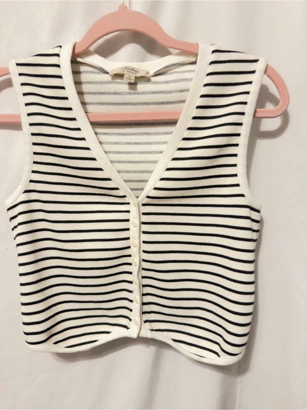 Atelier by Kirious cream black striped knit vest top button down size Medium